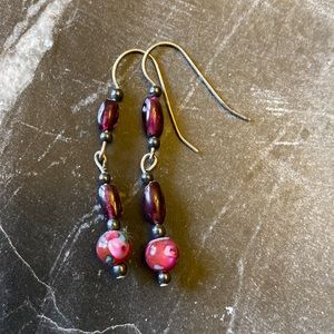 Earrings dangly garnet beads and flower pink round beads oxidized silver